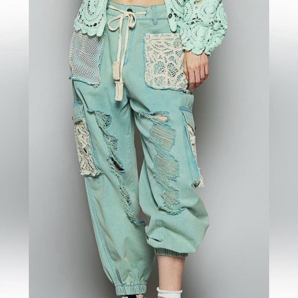 POL Mint Green Distressed Crochet Patch Jeans